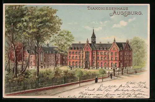 Lithographie Augsburg, Diakonissenhaus mit Anlagen und Strasse