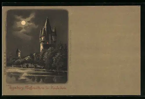Lithographie Augsburg, Fünfgradthurm im Mondschein