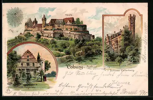 Lithographie Coburg, Veste, Schloss Callenberg, Schloss Rosenau, Sonnenschein
