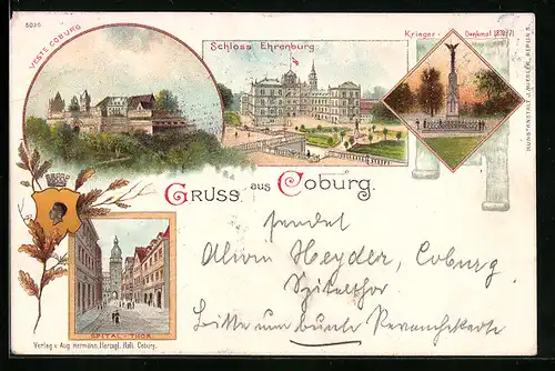 Lithographie Coburg, Spital-Thor, Schloss Ehrenburg, Veste