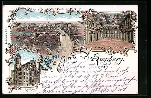 Lithographie Augsburg, Blick von St. Ulrich, Rathhaus mit Goldenem Saal