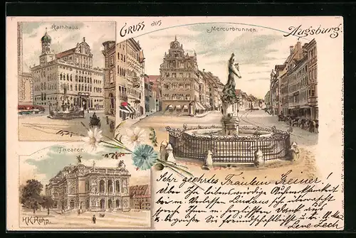 Lithographie Augsburg, Mercurbrunnen, Theater und Rathaus