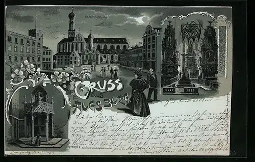 Mondschein-Lithographie Augsburg, Ortspartie mit St. Ulrichkirche, Innenansicht