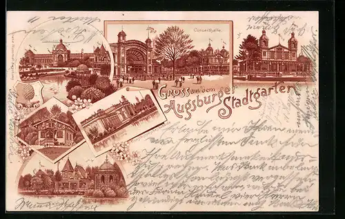 Lithographie Augsburg, Stadtgarten mit Cafehaus, Concerthalle und Hauptrestauration