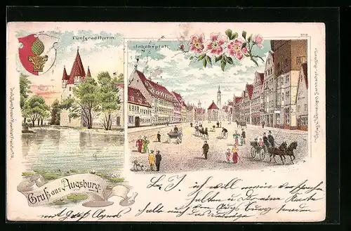 Lithographie Augsburg, Fünfgradthurm, Wappen, Jakobsplatz mit Passanten