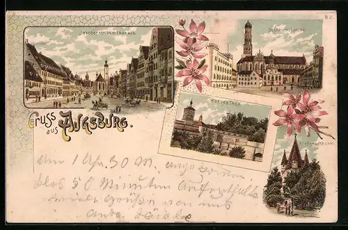 Lithographie Augsburg, Jakoberstrasse vom Thor aus, Rothes Thor