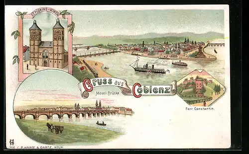 Lithographie Coblenz, Ortsansicht mit Brücken aus der Vogelschau, Mosel-Brücke, Fort Constantin