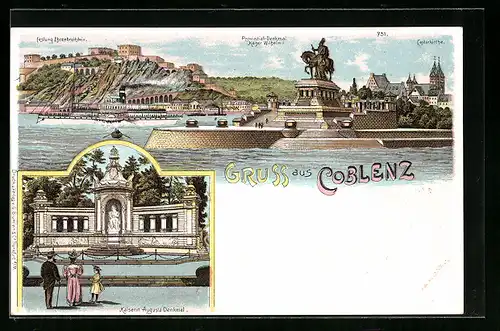 Lithographie Coblenz, Ortsansicht mit Provinzial-Denkmal Wilhelm I., Kaiserin-Augusta-Denkmal
