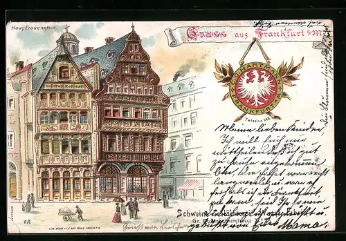 Lithographie Frankfurt a. M., Haus Frauenstein, Werbekarte Wurstfabrik Hartmann, Gr. Eschenheimerstrasse