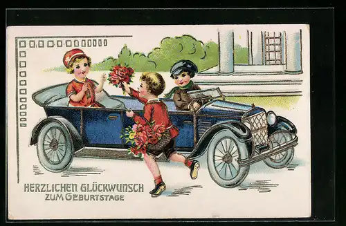 Präge-AK Junge mit Blumen stürmt seiner Freundin im Auto entgegen
