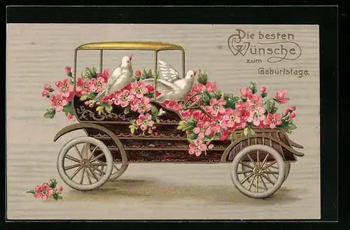 Präge-AK Weisse Tauben im Blumen-Auto