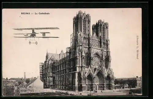 AK Reims, La Cathedrale, Flugzeug