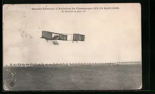 AK Grande Semaine d`Aviation de Champagne, 22-29 Août 1909, M. Paulhan en plein vol, Flugzeug