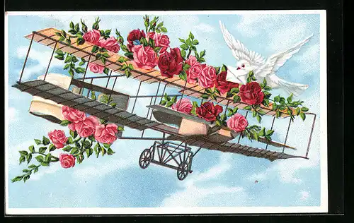 Künstler-AK Doppeldecker mit Blumen und Brieftaube, Herzlichen Glückwunsch zum Geburtstag