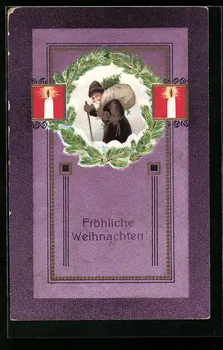 AK Weihnachtsmann mit Tannenzweig-Kranz