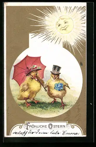 AK Osterküken mit Schirm und Zylinder