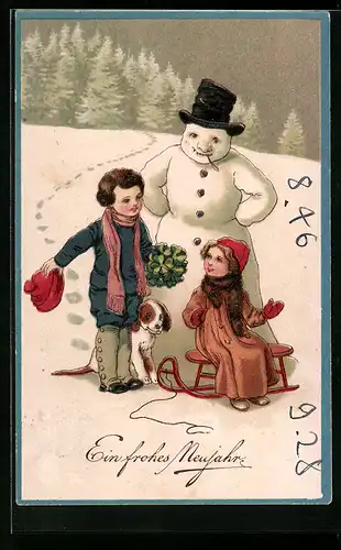 AK Kinder mit Hund und Schneemann im Schnee