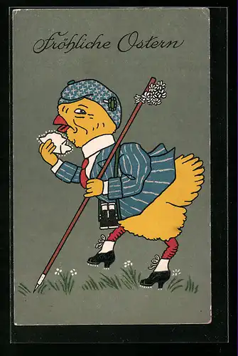 AK Vermenschlichtes Osterküken mit Wanderstock und Fernglas, Fröhliche Ostern!