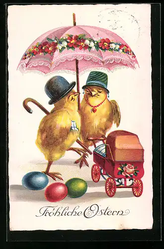 AK Osterküken mit Schirm und Kinderwagen