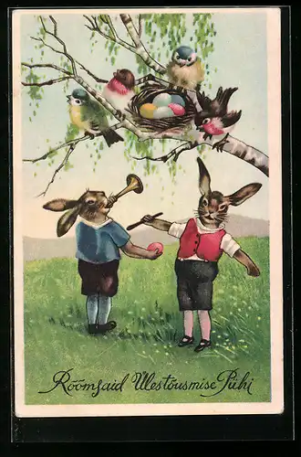 Künstler-AK Osterhase, unter dem Baum mit einem Nest voller bunter Eier