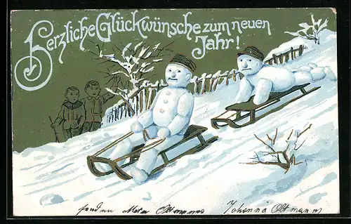 AK Schneemänner auf Schlitten fahren Abhang herunter, Weihnachtsgruss