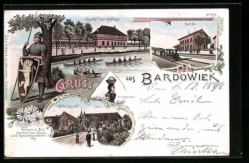 Lithographie Bardowiek, Bahnhof, Gasthof zur Schleuse, Wolters Gasthof