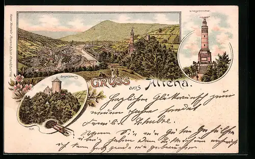 Lithographie Altena, Ortsansicht, Kriegerdenkmal, Schlossberg