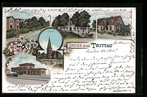 Lithographie Trittau, Hamburger Strasse, Hinsch`s Gasthof, Bahnhof, Kirche, Hamburger Pensionat