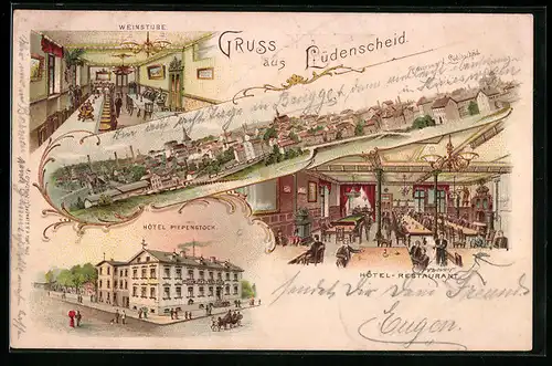 Lithographie Lüdenscheid, Ortsansicht, Hotel Piepenstock mit Restaurant und Weinstube