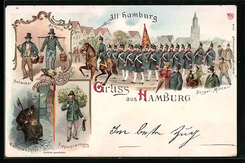 Lithographie Hamburg, Aaalweber, Nachtwächter, Bürgermilitär und Piepenreimers