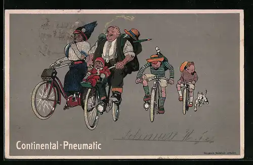 AK Hannover, Caoutchouc- und Gutta Percha-Co., Familie auf Fahrräder, Reklame für Continental-Pneumatic