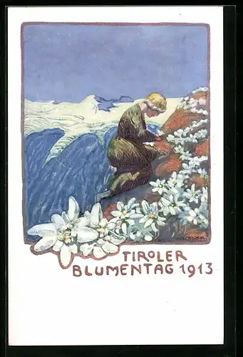 Künstler-AK Tiroler Blumentag 1913, Maid pflückt Edelweiss