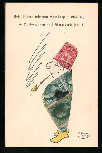 AK Briefmarkencollage Mann mit Hut und Pfeife