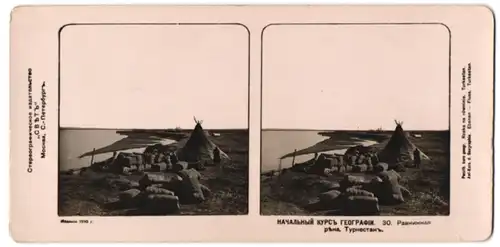 Stereo-Fotografie Photo. Anstalt Licht, Moskau, Ansicht Turkestan, Einwohner mit ihrem Zelt am Fluss in der Ebene