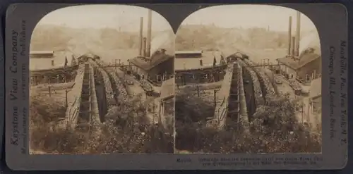 Stereo-Fotografie Keystone View Co., London, Ansicht Pittsburgh / PA., Kohlebergwerk mit Loren und Förderbändern