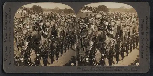 Stereo-Fotografie Keystone View Co., London, Ansicht Delhi, eingeborene Prinzen auf geschmückten Elefanten