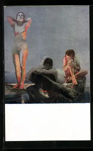 Künstler-AK Max Klinger: Blaue Stunde, Drei nackte Frauen