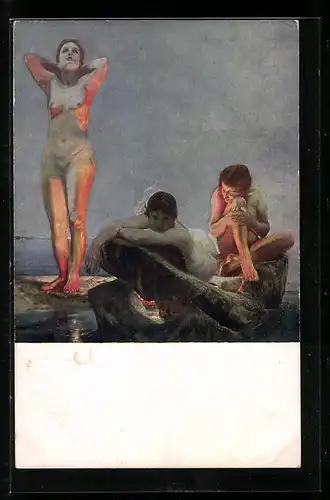 Künstler-AK Max Klinger: Blaue Stunde, Drei nackte Frauen