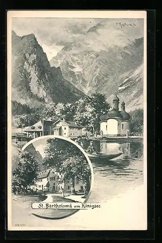 Künstler-AK Franz Kulstrunk: St. Bartholomä am Königsee, Kirche am See, Panorama