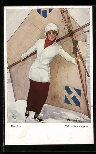 Künstler-AK Hans Leu: Mit vollen Segeln, Dame beim Eissegeln