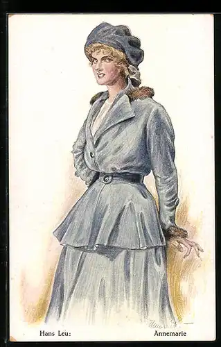 Künstler-AK Hans Leu: Annemarie im blau-grauen Kleidern
