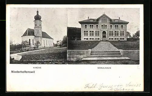 AK Niederhelfenschwil, Schulhaus am hellichten Tag, Kirche