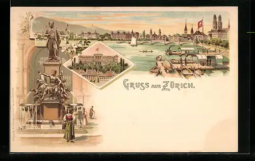 Lithographie Zürich, Panorama mit Brücke, Denkmal