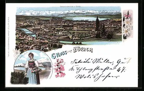 Lithographie Zürich, Gesamtansicht mit See, Frau in Züricher Tracht