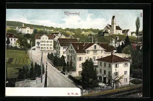 AK Männedorf, Strassenpartie im Ort mit Kirche