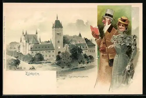 Lithographie Zürich, Landesmuseum, Herr liest beim Flanieren