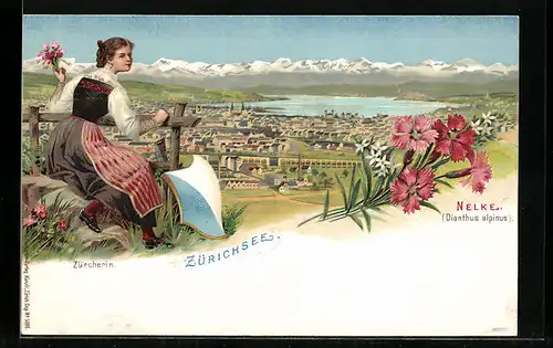 Lithographie Zürich, Züricherin in Tracht, Zürichsee, Nelken, Gesamtansicht