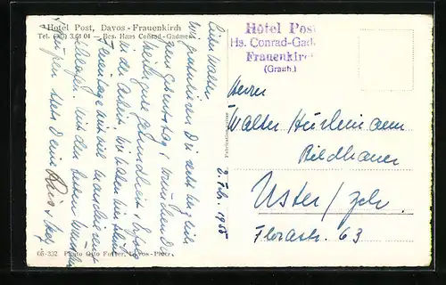 AK Davos-Frauenkirch, Hotel Post im Winter