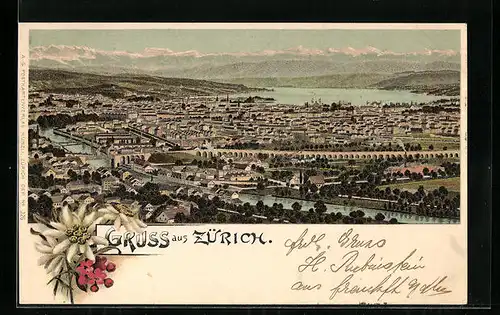 Lithographie Zürich, Totalansicht vom Berg gesehen
