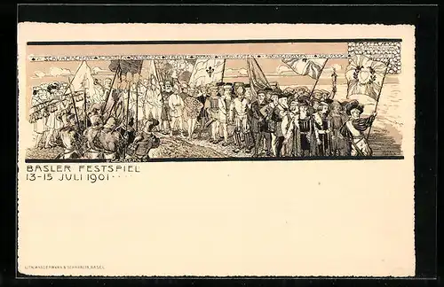 Lithographie Basel, Basler Festspiel 1901, Schuhmachern, Schmieden, Rebleute, Weinleute, Hausgenossen, Schlüssel